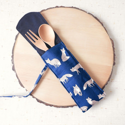 狐狸餐具包, 日本布餐具套,內里防撥水 環保餐具袋, 外帶餐具收納袋, 野餐小物 (不含餐具)-藍色 第1張的照片