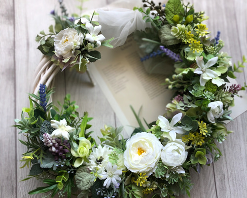 限定】白い小花とラベンダーのナチュラルリースブーケ 〜アーティ