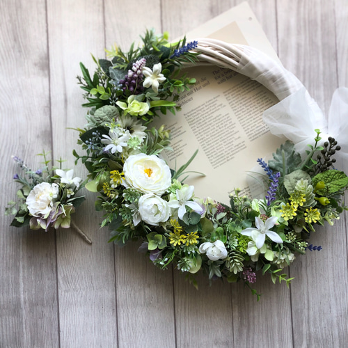 ◆リースブーケ◆&ブートニア◇white  &　green◇◇◇ 限定】白い小花とラベンダーのナチュラルリースブーケ 〜アーティ
