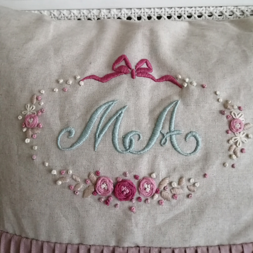 アンティークフランス モノグラムＭＦ手刺繍ピンク リネン大判クッションカバー アンティークフランス モノグラムMF手刺繍ピンク リネン大判