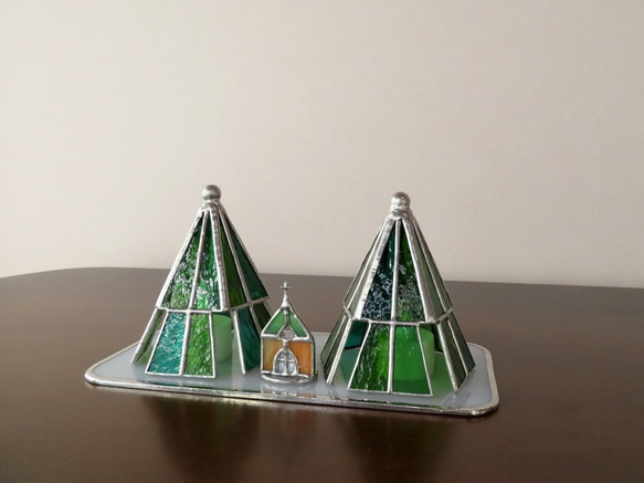 モミの木のランプと教会（ステンドグラス）ホワイト・クリスマス・sold 2枚目の画像