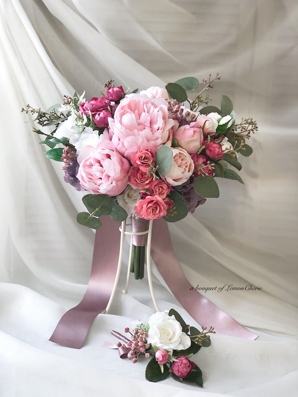 ピンクピオニーとローズのウェディングブーケ ♪送料は無料です  