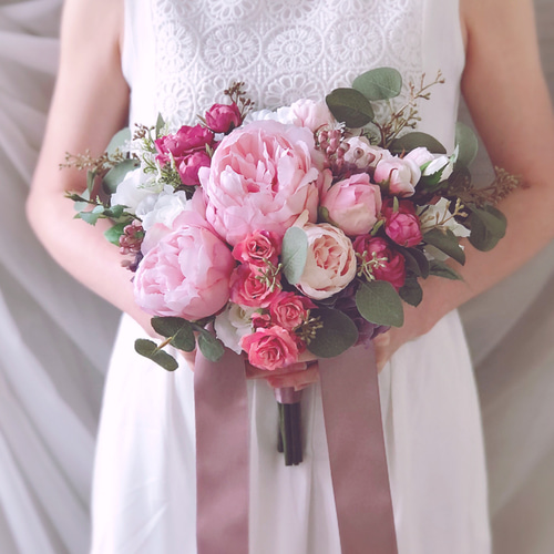 ピンクピオニーとローズのウェディングブーケ ♪送料は無料です  