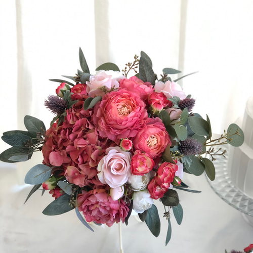 濃いピンク色のウェディングブーケとブートニア《送料無料》