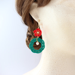 耳環/樹脂耳環旋鈕工作花微笑紅色x綠色《定做》 第8張的照片