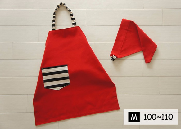 こどもエプロンM[100-110]　三角巾セット　赤とブラックボーダー 1枚目の画像