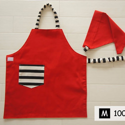 こどもエプロンM[100-110]　三角巾セット　赤とブラックボーダー 3枚目の画像