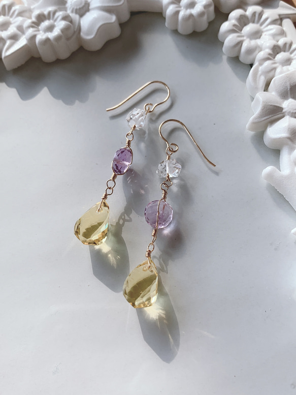 ✳︎14kgf✳︎グリーンゴールドクォーツのツイストピアス ピアス