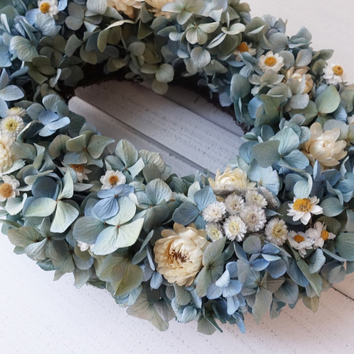 Blees♥空色紫陽花のオーバル型（楕円）リース＜ドライフラワー  