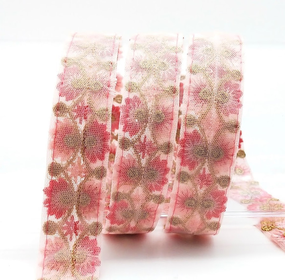 刺繍リボン 50cm　バタフライ風フラワー ピンク　インド製　INRIBUN5　rib03bir 2枚目の画像