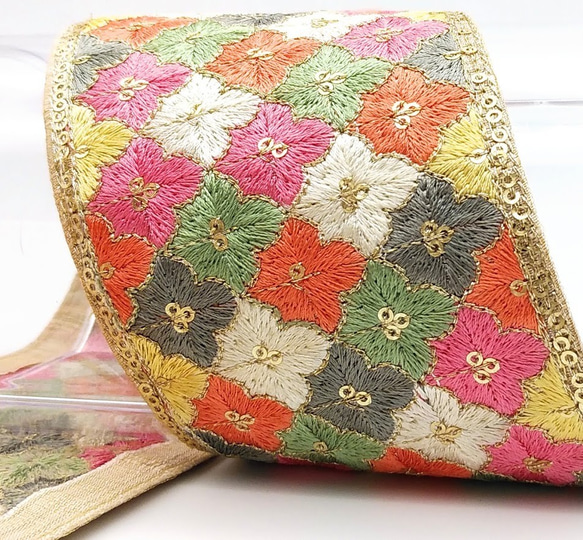 刺繍リボン 　25cm　和風フラワー　パステル　インド刺繍　INRIB5OV 1枚目の画像