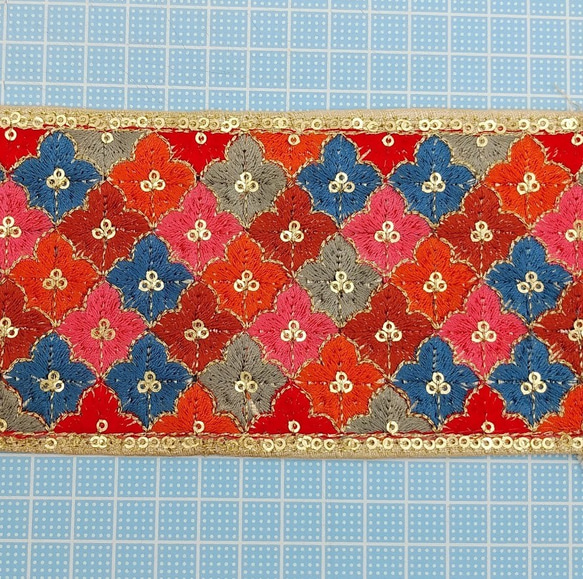 刺繍リボン 　25cm　和風フラワー　レッド系　インド刺繍　INRIB5OV 4枚目の画像