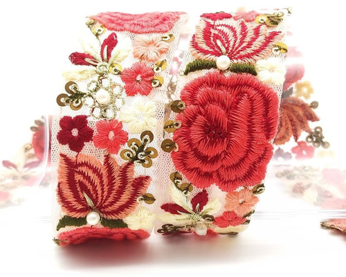 刺繍リボン 50cm フラワー ローズフラワー レッド No.3-7 インド