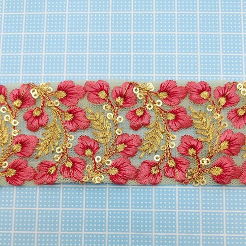 刺繍リボン 50cm いちご畑 ピンクレッド インド刺繍 INRIBUN5