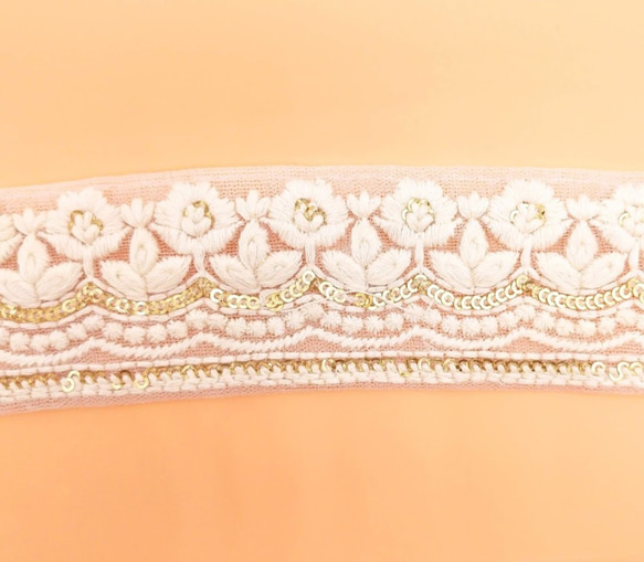 刺繍リボン 50cm　コットンフラワー　オフホワイト　S4-16　インド製　INRIBUN5 3枚目の画像