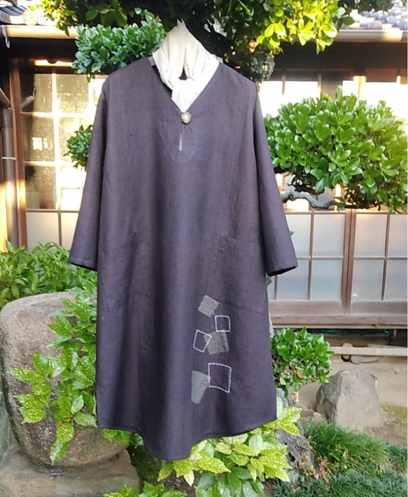 着物リメイク 紬の1つボタンのワンピース ワンピース 古布華