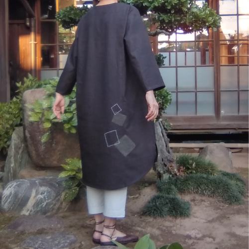 着物リメイク 紬の1つボタンのワンピース ワンピース 古布華