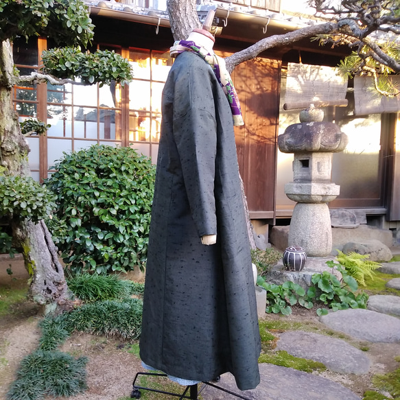 着物リメイク　ひげ紬のカシュクールコート 5枚目の画像