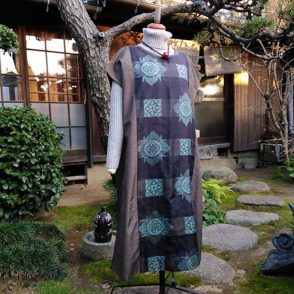 着物リメイク　大島紬の重ね着チュニック 7枚目の画像