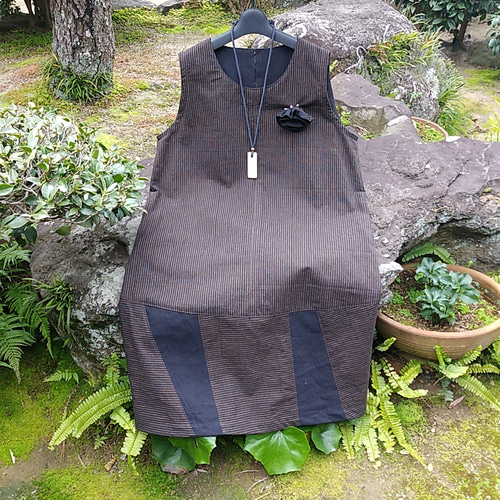 着物リメイク 縞木綿のコクーンジャンパースカート チュニック 古布華 