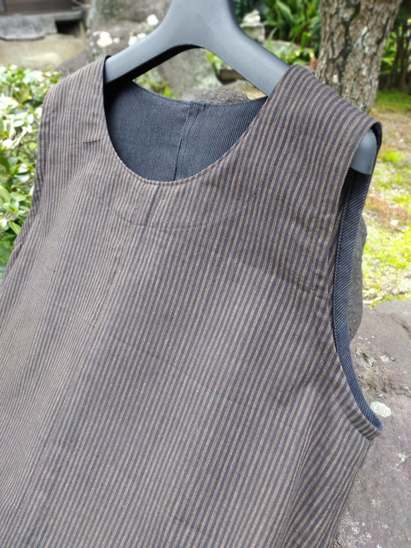 着物リメイク　縞木綿のコクーンジャンパースカート 2枚目の画像