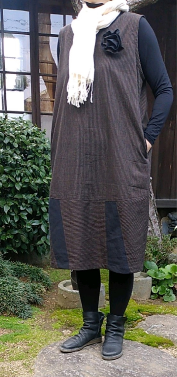 着物リメイク　縞木綿のコクーンジャンパースカート 3枚目の画像
