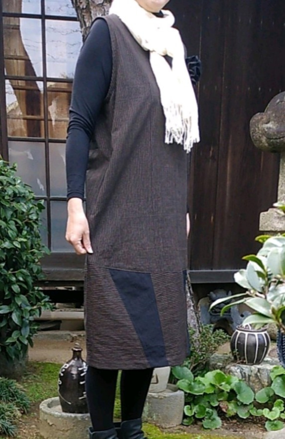 着物リメイク　縞木綿のコクーンジャンパースカート 7枚目の画像