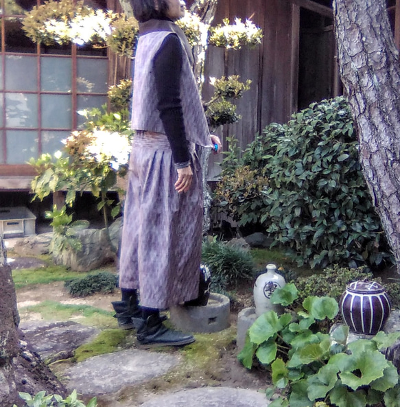 着物リメイク　春色紬のセットアップ/リバーシブル/絹 8枚目の画像