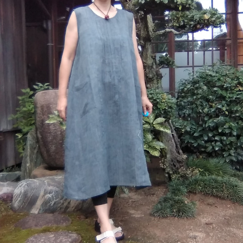 受注制作】 着物リメイク 手紡ぎ麻のAラインワンピース