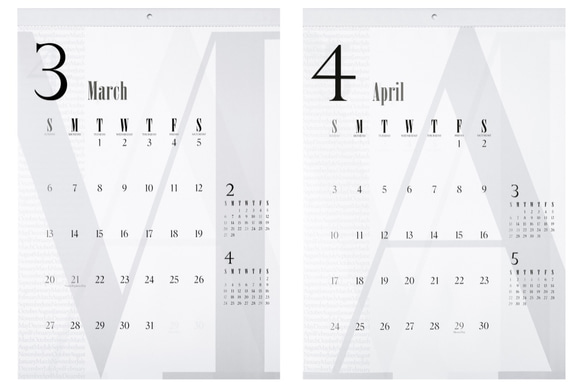 2022年壁掛けカレンダー B3 モノトーン シンプル＆スタイリッシュデザイン タイポグラフィ 5枚目の画像