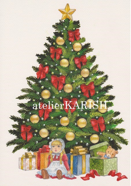 水彩画原画【Merry　Christmas　クリスマスツリー】送料無料！