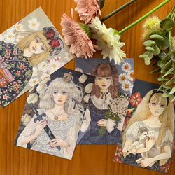 選べる！組合せ自由ポストカード【Flowers and Girls　春バージョン（4柄のうち）４枚 】封筒付 1枚目の画像