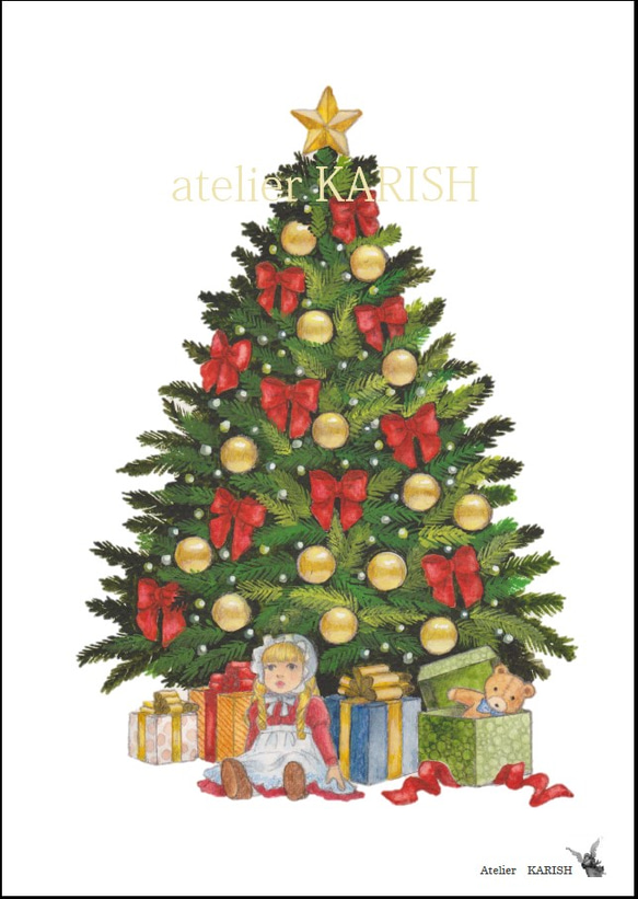 アートポスター【Merry　Christmas　クリスマスツリー】A4サイズ複製画 2枚目の画像