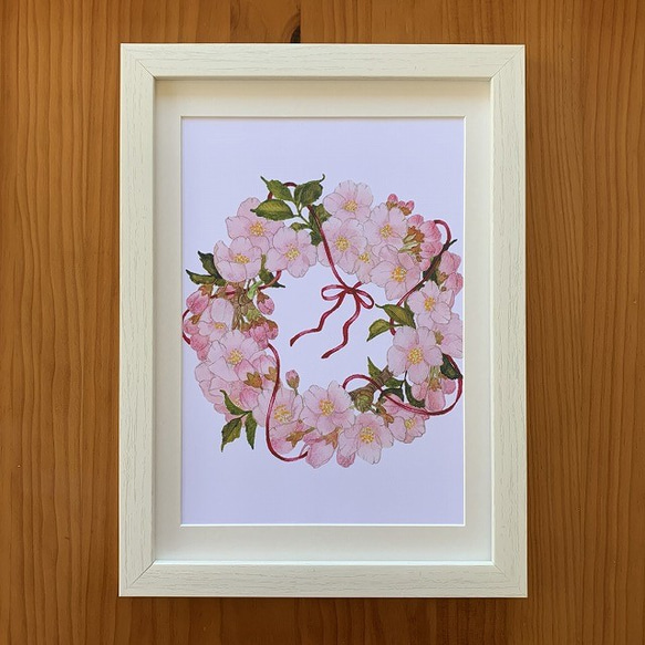 アートポスター【桜のリース】A4サイズ複製画 1枚目の画像