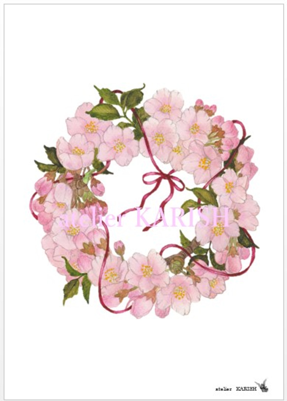 アートポスター【桜のリース】A4サイズ複製画 2枚目の画像