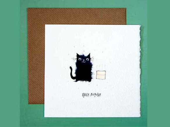 ビバリーの手描きバースデーカード　03  黒猫とケーキ　bev-04 1枚目の画像