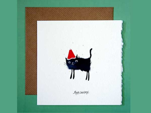 ビバリーの手描きクリスマスカード　07  黒猫のサンタ　bev-07 1枚目の画像