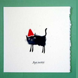 ビバリーの手描きクリスマスカード　07  黒猫のサンタ　bev-07 2枚目の画像