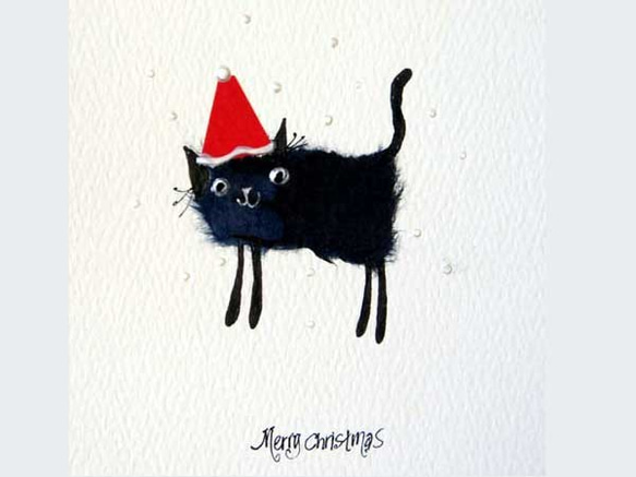 ビバリーの手描きクリスマスカード　07  黒猫のサンタ　bev-07 3枚目の画像