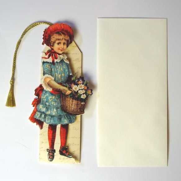 グリーティングカード　兼　しおり  「ヴィクトリア朝」  08  赤い帽子の少女  mbk-008 2枚目の画像