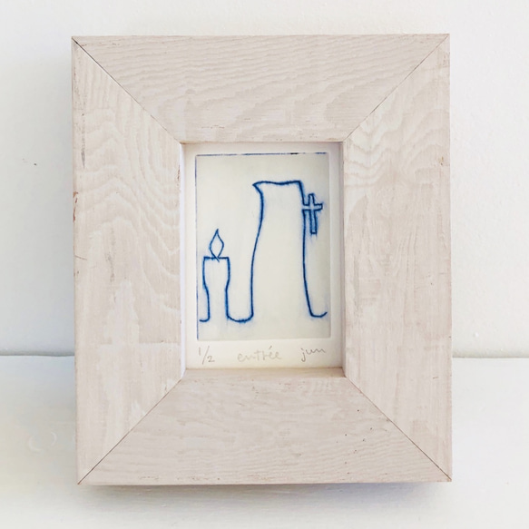 キャンドルの絵・青い小さな銅版画「 entree 」木製額入り/送料無料 1枚目の画像