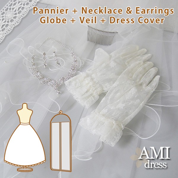 ブライダル小物5点セット　パニエはAラインとシンプル３段から選択　ネックレス・ベール・ウェディンググローブ・イヤリング他