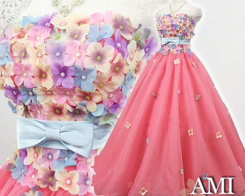 カラードレス サーモンピンク 5号7号 小花 プリンセスライン 結婚式