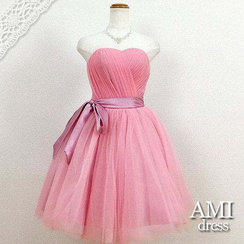 値下げ【7〜11号】フラワー装飾付ピンクドレス 結婚式 二次会 パーティー カラードレス ピンク ミニドレス 安い 前ミニ丈 結婚式