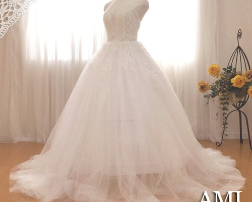 在庫処分」ウエディングドレス シースルー ロングトレーン プリンセス