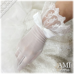 ウェディンググローブ レースグローブ　白　手袋　手作り　リボンとレース 結婚式　花嫁　ブライダルg206t/ｇ71206 2枚目の画像