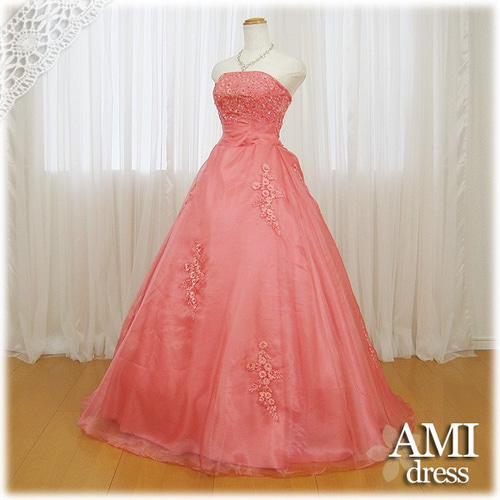 カラードレス サーモンピンク 5号～9号 ビーズとレース使いが綺麗 花嫁