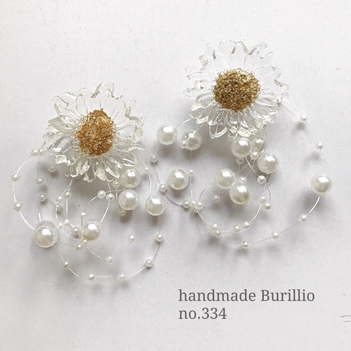no.334 クリアビッグフラワー×パールシャワー 2wayピアス イヤリング 