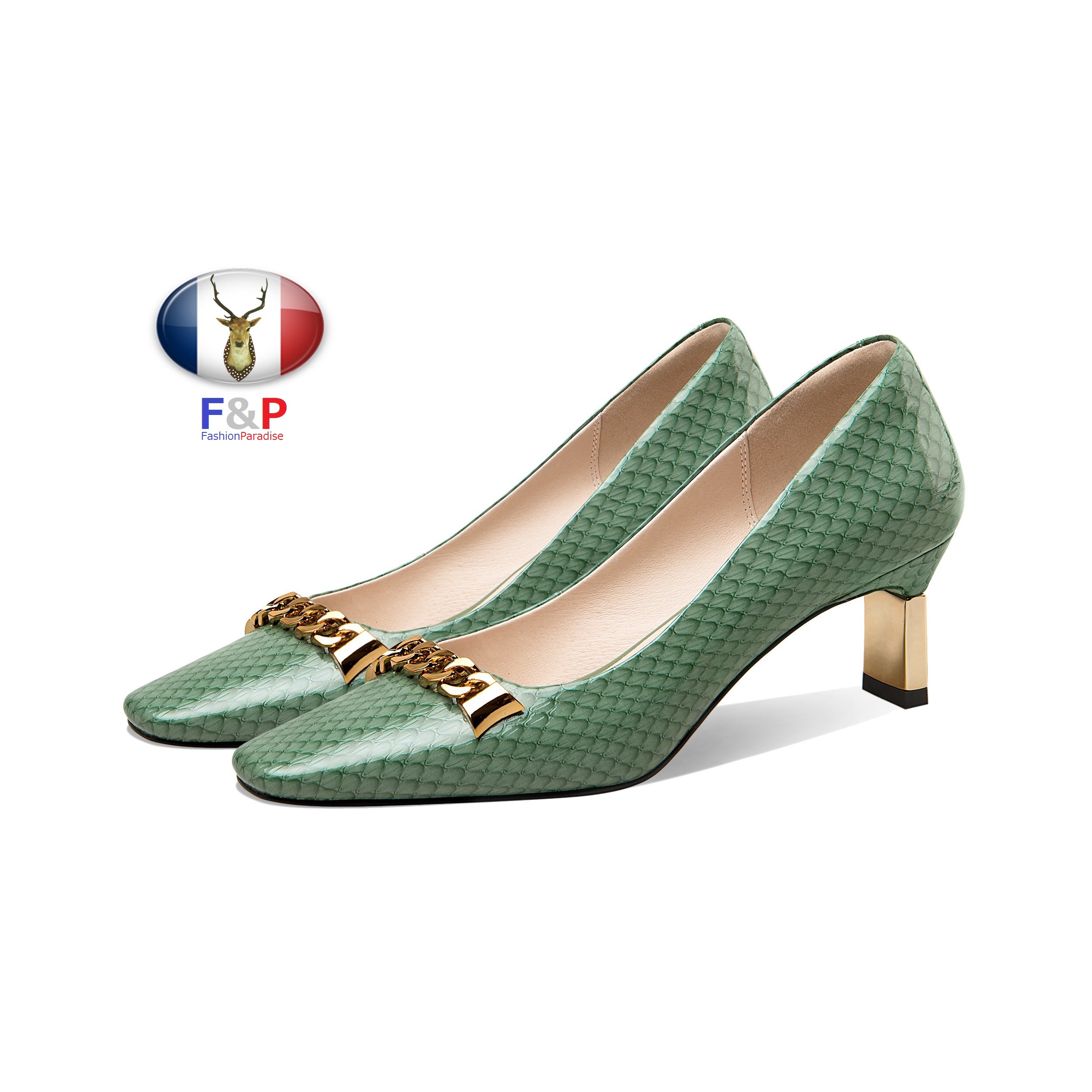 スクエアトゥエナメルウロコ柄ハラコレザーフロントチェーン付きシューズパンプス全2色