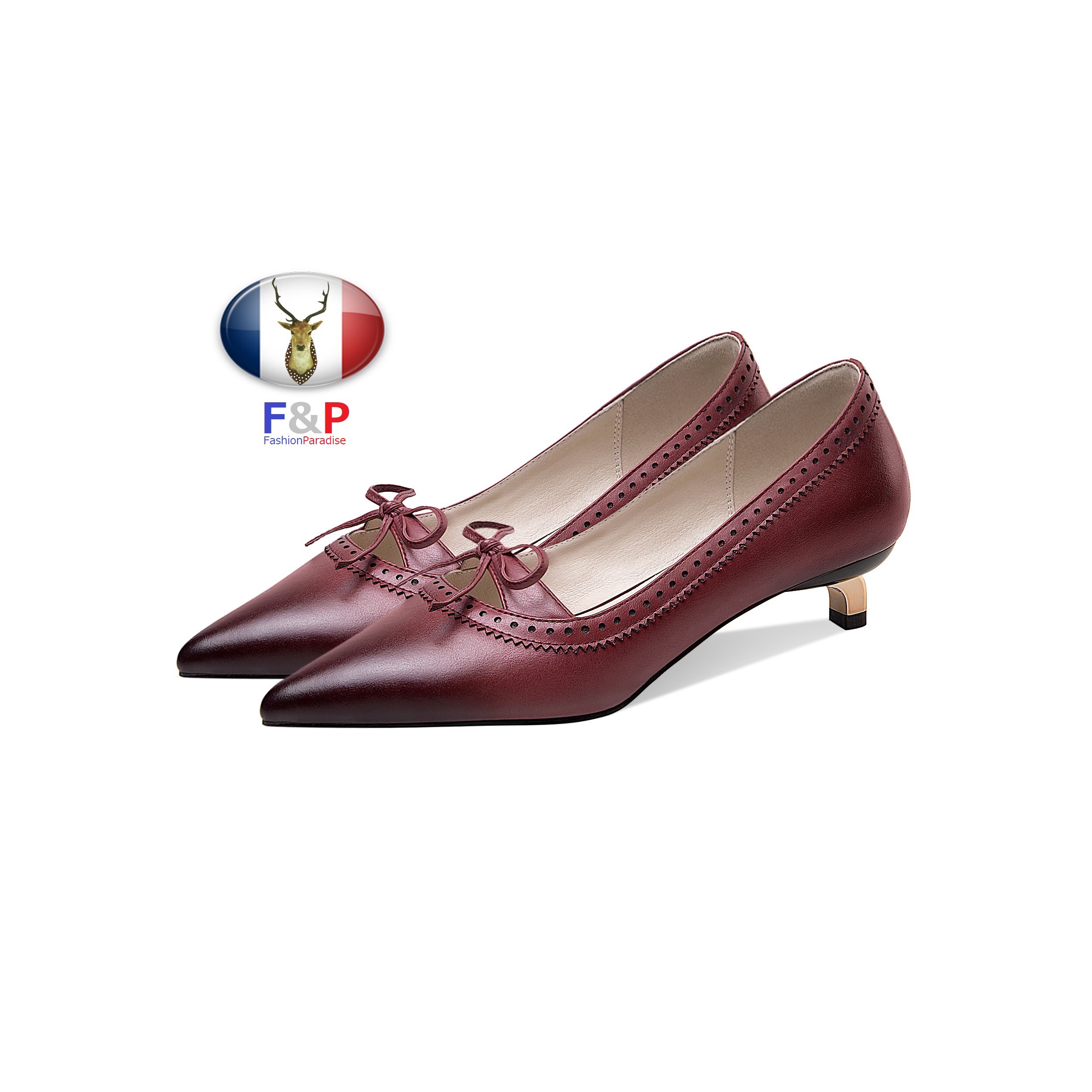 ポインテッドトゥハラコレザーパンチングリボン付きシューズパンプス全2色